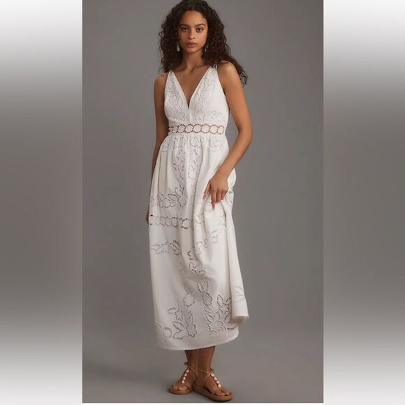 By Anthropologie Vineet Bahl Sleeveless V-Neck Floral Cutwork Midi Dress Medium